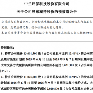 中兰环保：实控人孔熊君拟减持不超3%股份