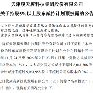津膜科技：股东高新投资发展拟减持不超3%股份，不超过906.2万股