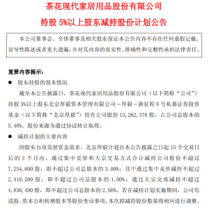 茶花股份：股东北京厚毅拟减持不超3%股份，不超过725.46万股