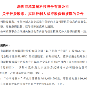鸿富瀚：实控人张定武拟减持不超2%股份，不超过179.32万股