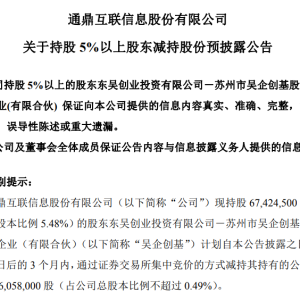 通鼎互联：股东吴企创基拟减持不超605.8万股，不会导致公司控制权发生变更